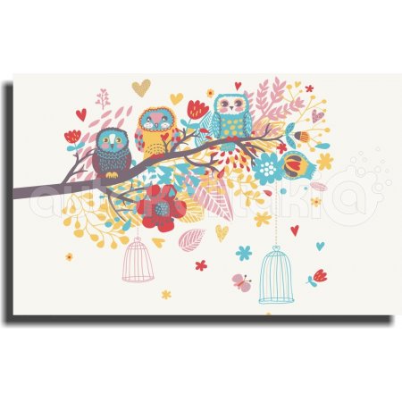Παιδικός Πίνακας σε Καμβά - Κουκουβάγιες Σε Δέντρο