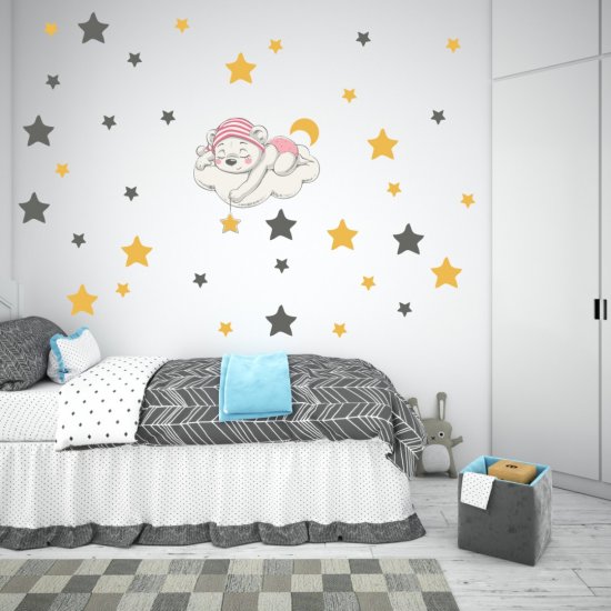 Αυτοκόλλητο τοίχου - Αρκουδάκι στα σύννεφα 01 (+ 36 Αστεράκια)