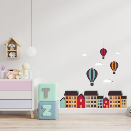 Αυτοκόλλητο τοίχου - Σπιτάκια με αερόστατο
