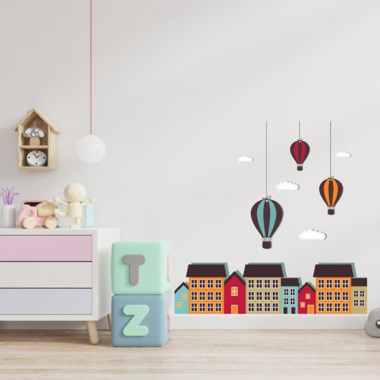 Αυτοκόλλητο τοίχου - Σπιτάκια με αερόστατο Αυτοκόλλητο τοίχου - Σπιτάκια με αερόστατο