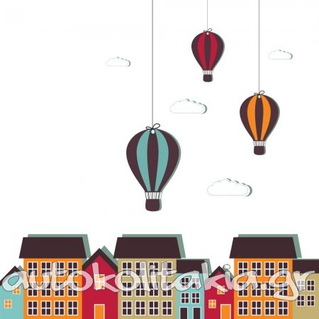 Αυτοκόλλητο τοίχου - Σπιτάκια με αερόστατο