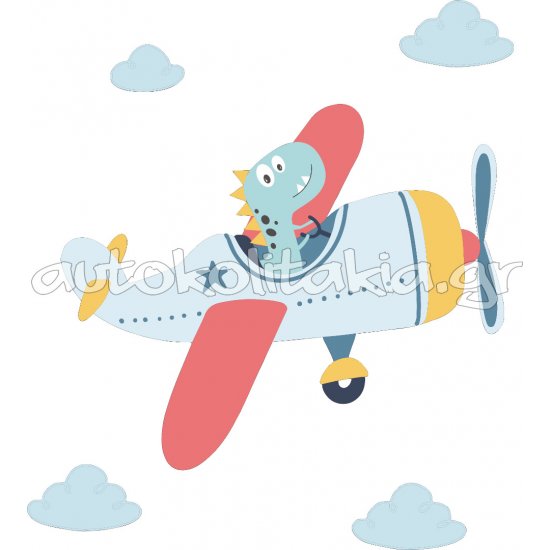 Αυτοκόλλητο τοίχου - Δεινοσαυράκι σε αεροπλανάκι και 4 συννεφάκια Αυτοκόλλητο τοίχου - Δεινοσαυράκι σε αεροπλανάκι και 4 συννεφάκια