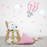 Αυτοκόλλητο τοίχου - Ελεφαντακι με αερόστατο (+ σετ Καρδούλες και Συννεφάκια)