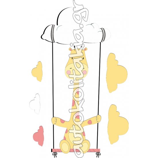 Αυτοκόλλητο τοίχου - Καμηλοπάρδαλη σε κούνια και 5 συννεφάκια Αυτοκόλλητο τοίχου - Καμηλοπάρδαλη σε κούνια και 5 συννεφάκια