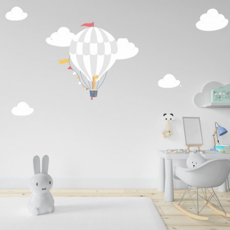 Αυτοκόλλητο τοίχου - Αερόστατο με δεινοσαυράκι και συννεφάκια