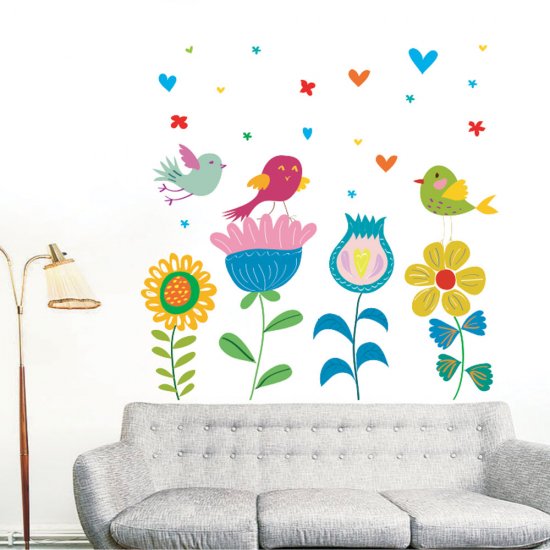 Αυτοκόλλητο τοίχου - Άνθη και πουλιά